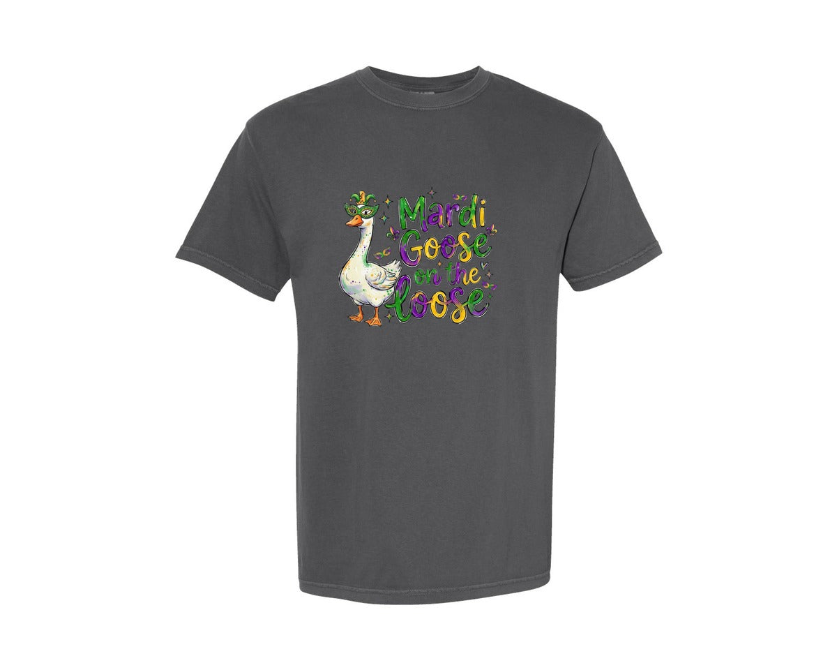 brand:Comfort Colors|color:Pepper|Funny Mardi Gras Goose Graphic T-Shirt