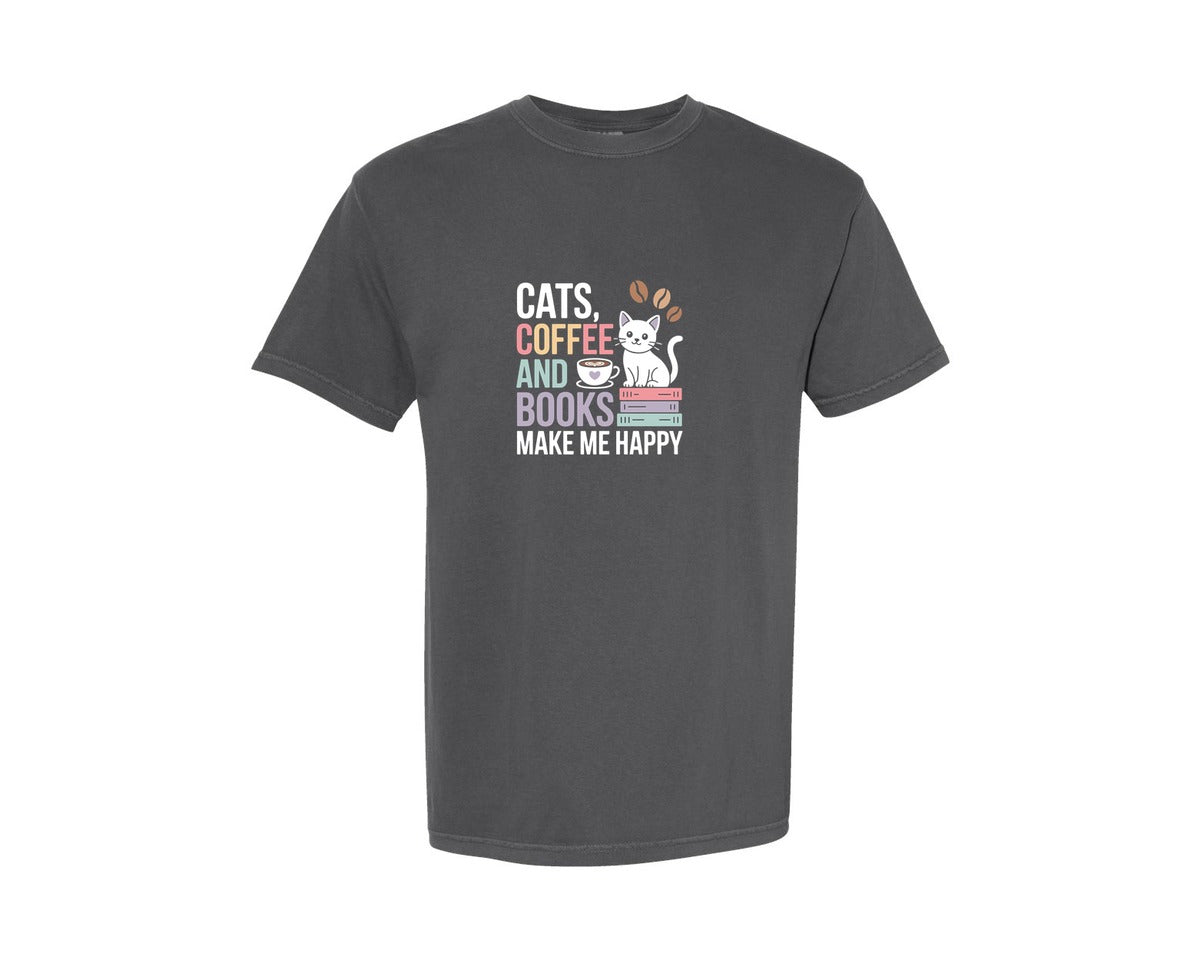 brand:Comfort Colors|color:Pepper|Cats Coffee And Books Make Me Happy Graphic T-Shirt