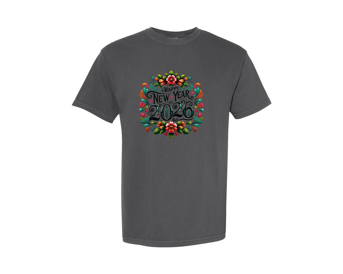 brand:Comfort Colors|color:Pepper|Floral New Year 2026 New Years Eve Graphic T-Shirt