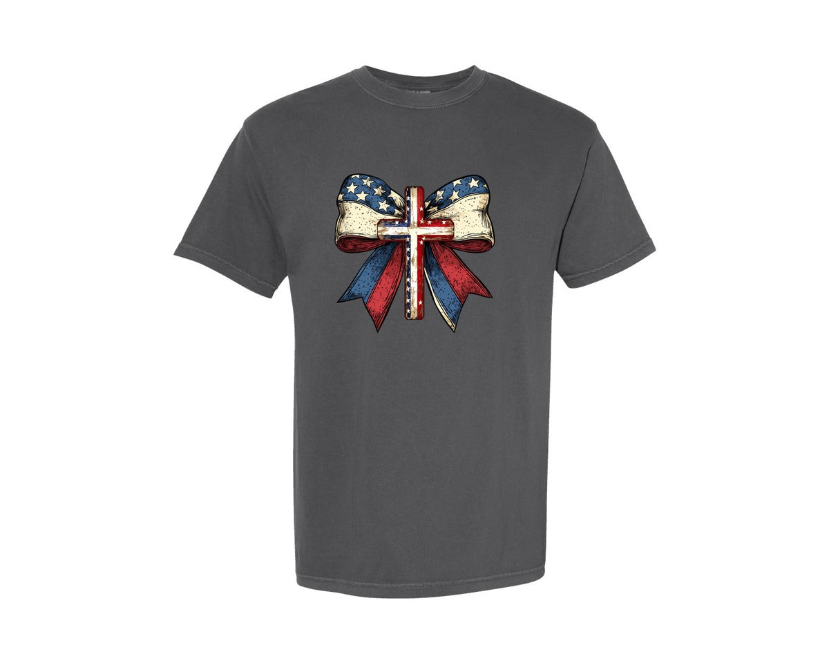 brand:Comfort Colors|color:Pepper|Christian Cross 4Th Of July Usa Bow Graphic T-Shirt