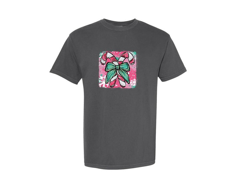 brand:Comfort Colors|color:Pepper|Colorful Christmas Candy Cane Graphic T-Shirt