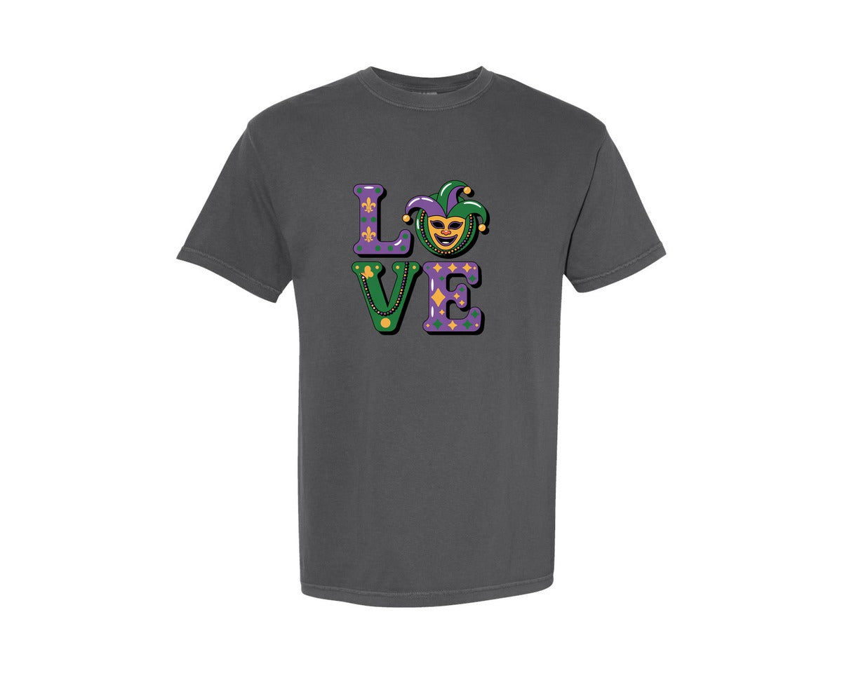 brand:Comfort Colors|color:Pepper|Faux Yarn Mardi Gras Love 3 Graphic T-Shirt