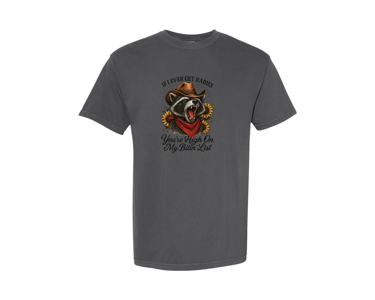 brand:Comfort Colors|color:Pepper|Funny Raccoon Cowboy Graphic T-Shirt