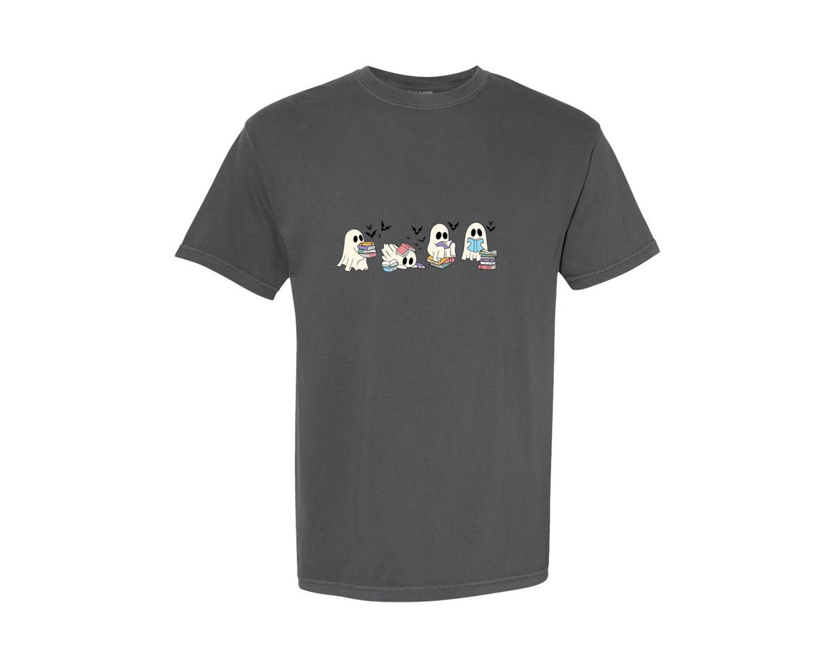 brand:Comfort Colors|color:Pepper|Reading Ghost Halloween Book Lover Graphic T-Shirt