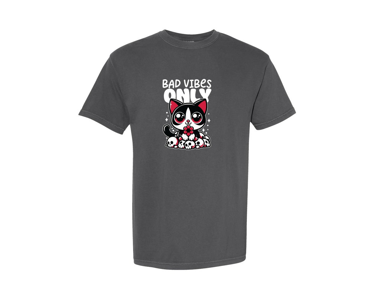 brand:Comfort Colors|color:Pepper|Bad Vibes Only Funny Skull Cat Graphic T-Shirt