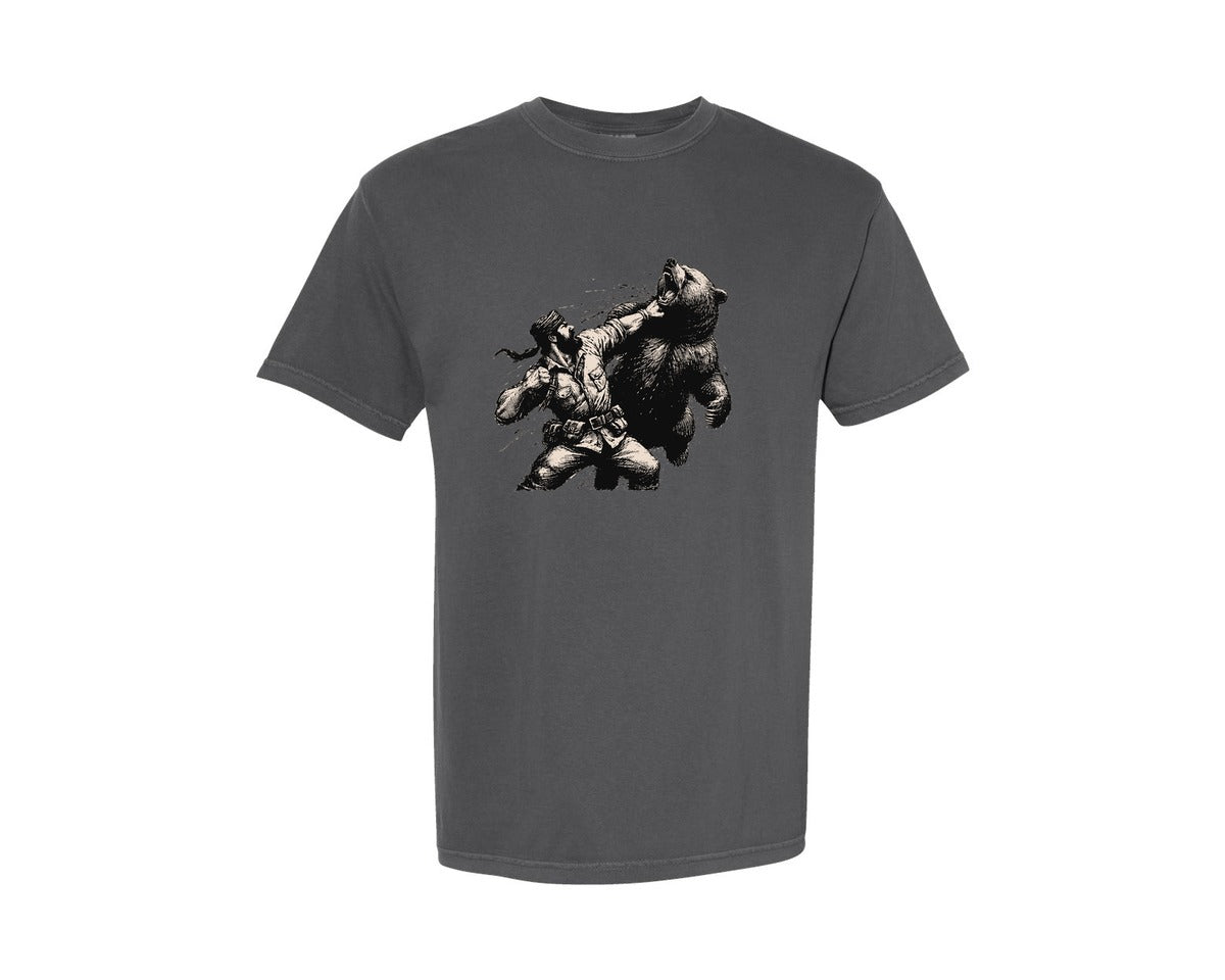 brand:Comfort Colors|color:Pepper|Funny Man Punching Bear Hunting Camping Graphic T-Shirt