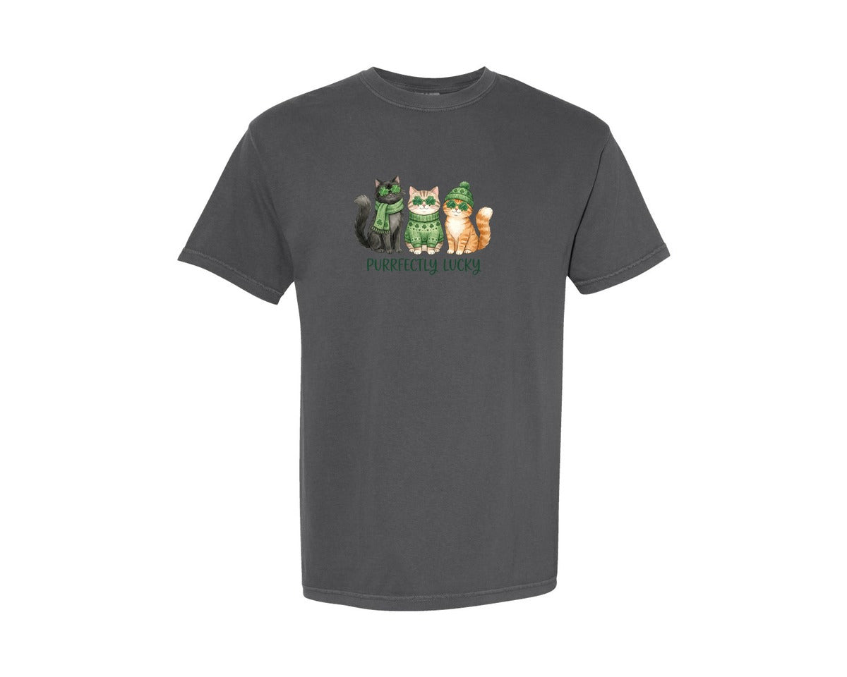 brand:Comfort Colors|color:Pepper|Purrfectly Lucky St Patricks Day Graphic T-Shirt