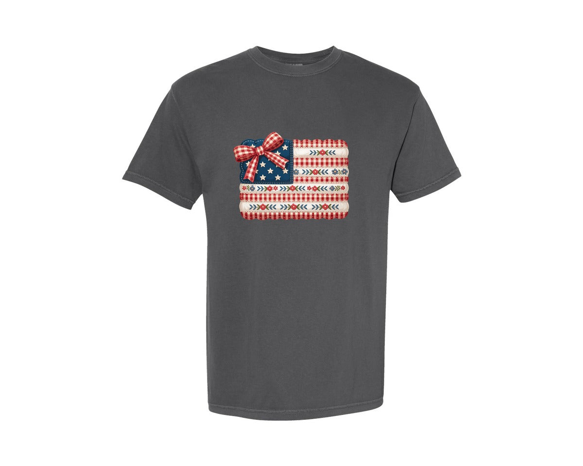 brand:Comfort Colors|color:Pepper|Patriotic Patchwork Flag 4Th Of July Graphic T-Shirt