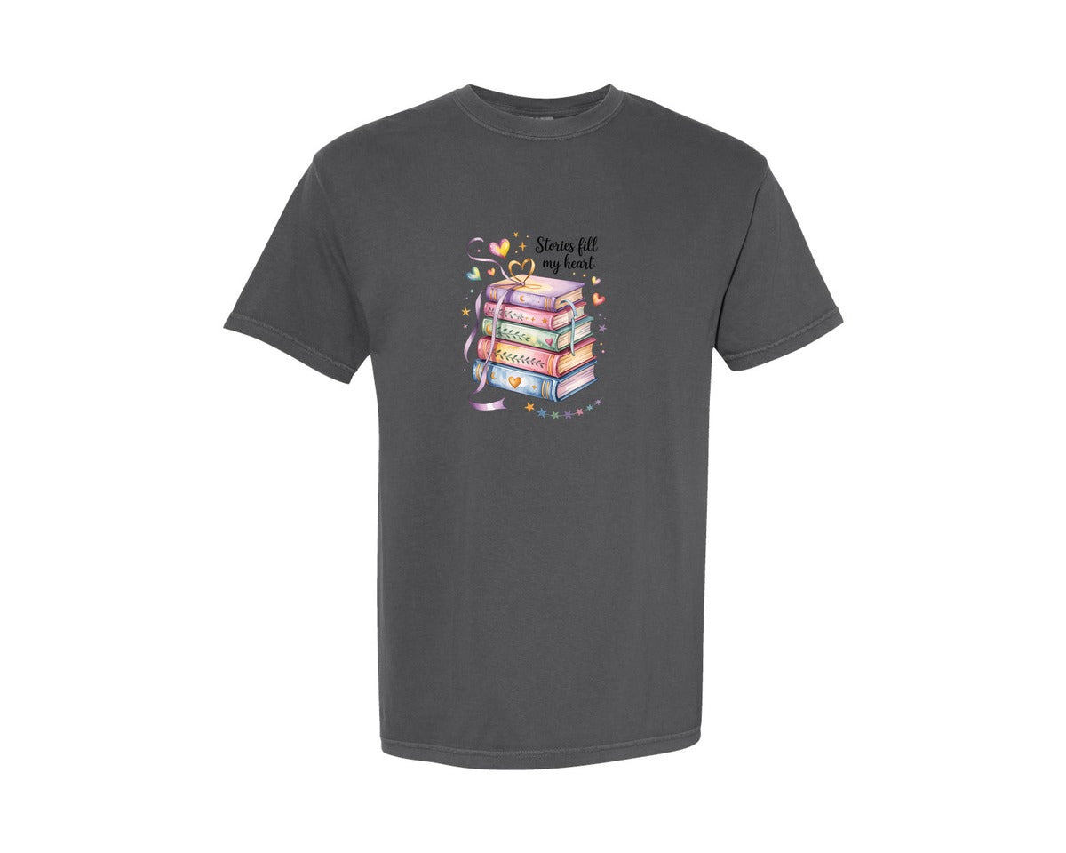brand:Comfort Colors|color:Pepper|Stories Fill My Heart Book Valentine Graphic T-Shirt