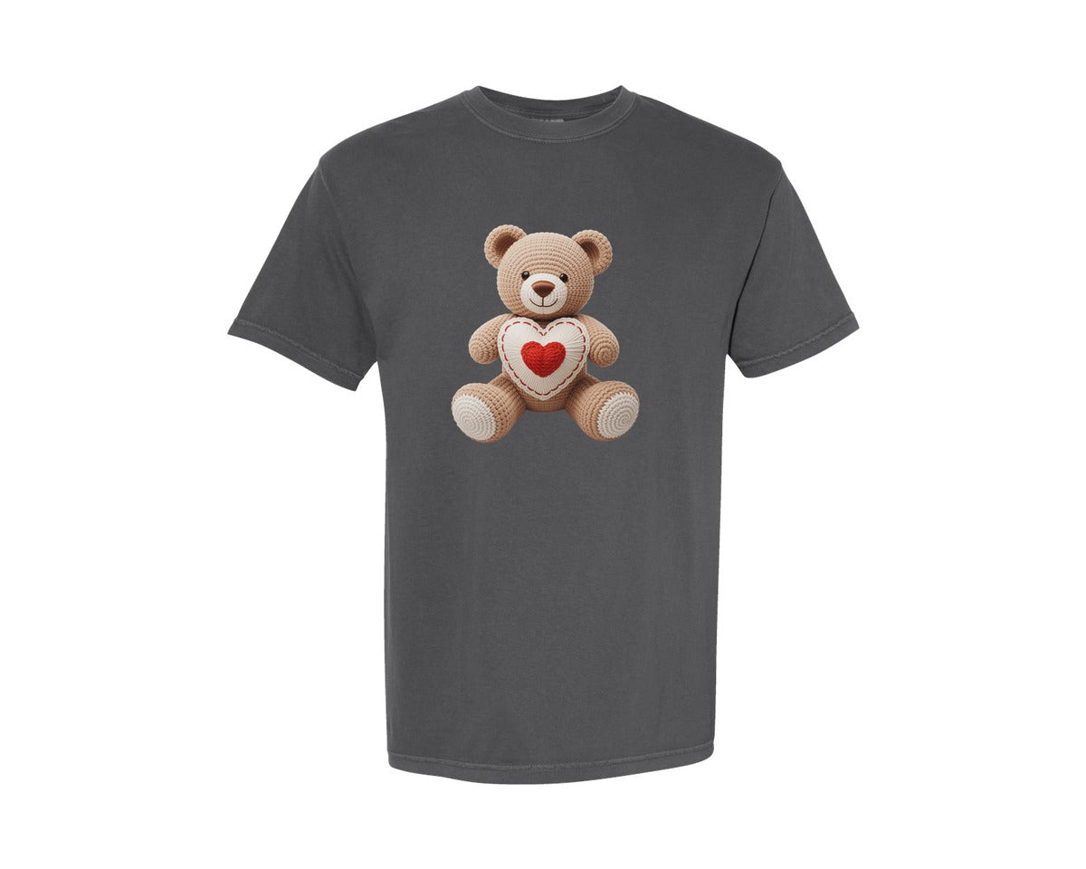 brand:Comfort Colors|color:Pepper|Patchwork Beige Teddy Heart Bear Graphic T-Shirt
