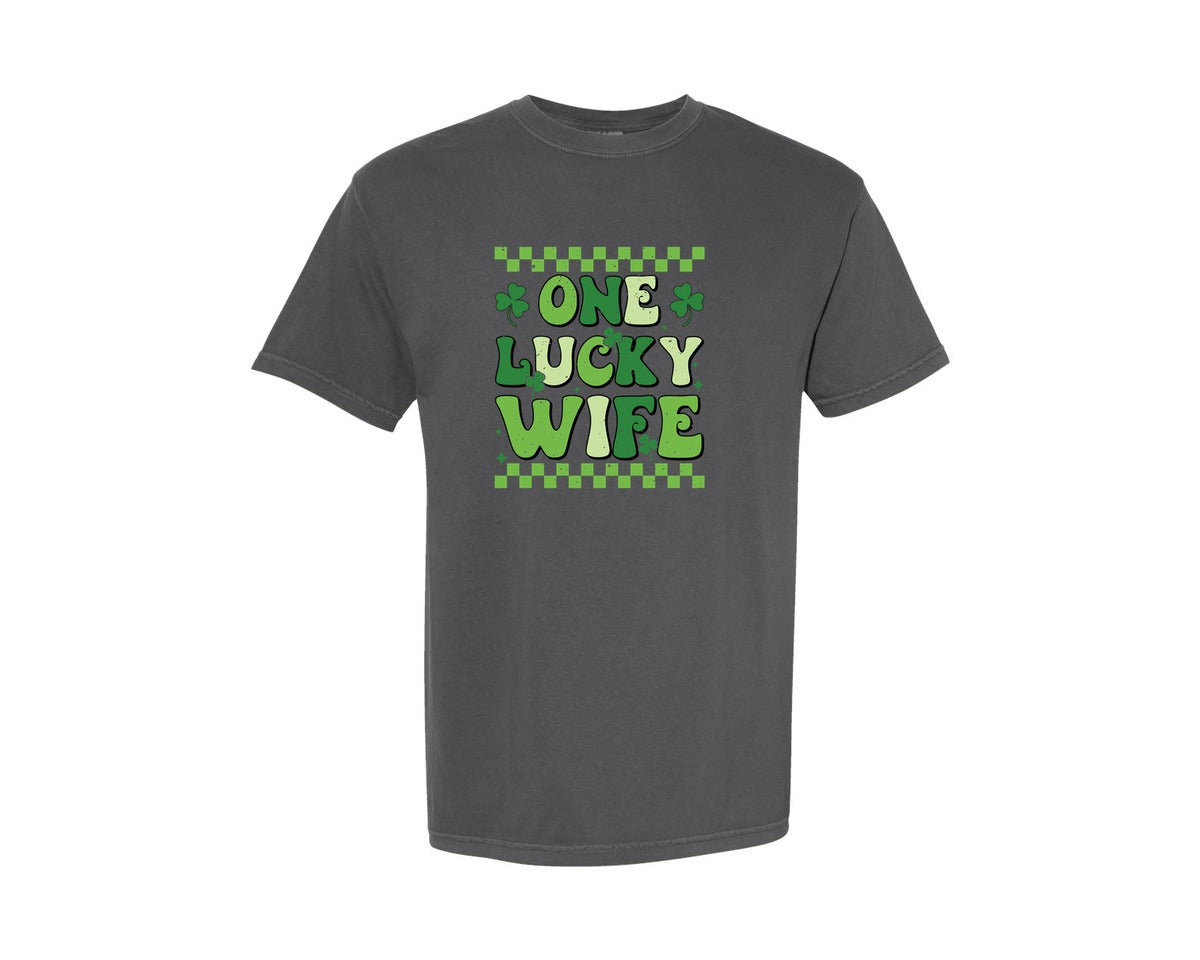 brand:Comfort Colors|color:Pepper|One Lucky Wife St Patricks Day Graphic T-Shirt