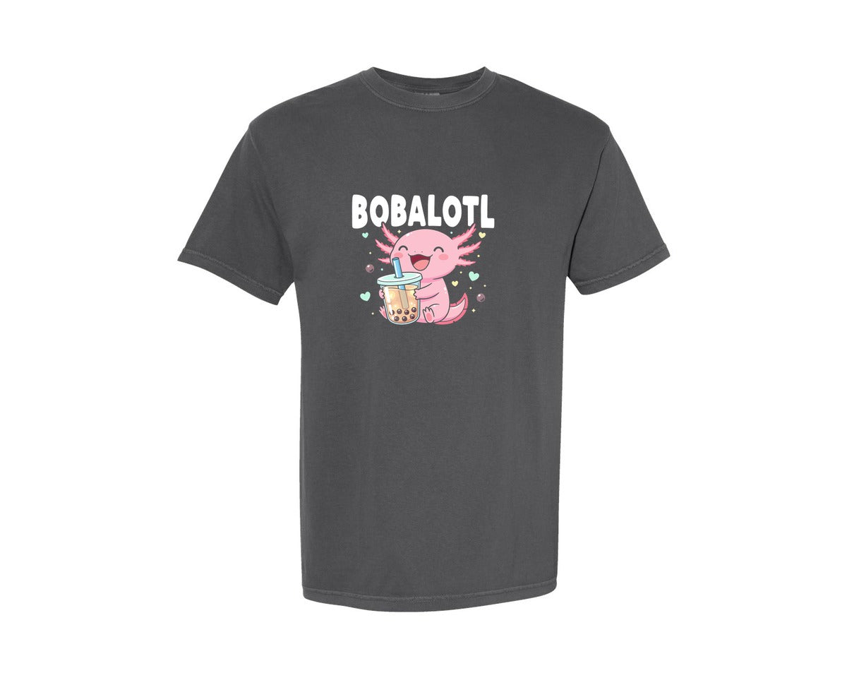 brand:Comfort Colors|color:Pepper|Bobalotl Cute Kawaii Axolotl Drink Graphic T-Shirt