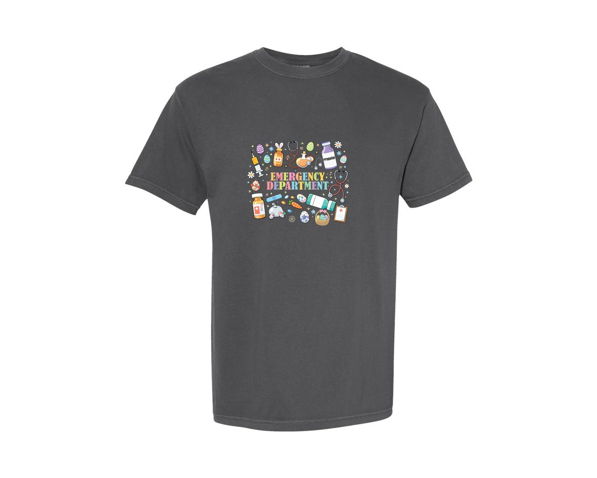 brand:Comfort Colors|color:Pepper|Emergency Department Easter Day Nurse Graphic T-Shirt