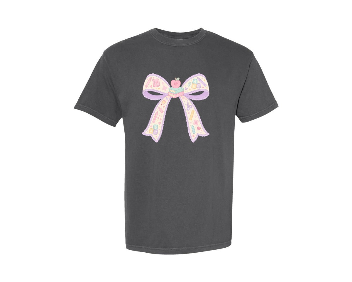 brand:Comfort Colors|color:Pepper|Preppy Coquette School Teacher Bow Graphic T-Shirt