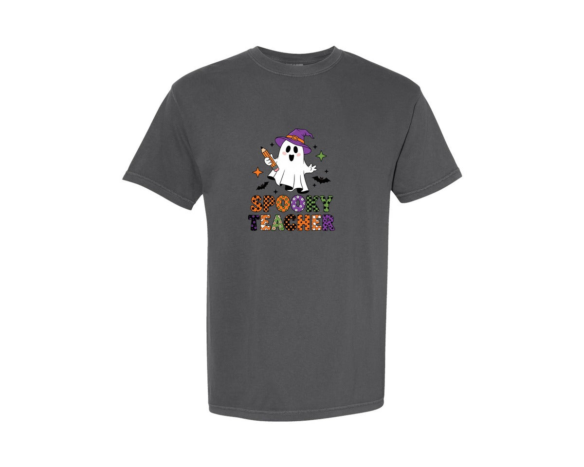 brand:Comfort Colors|color:Pepper|Spooky Teacher Halloween Ghost Graphic T-Shirt