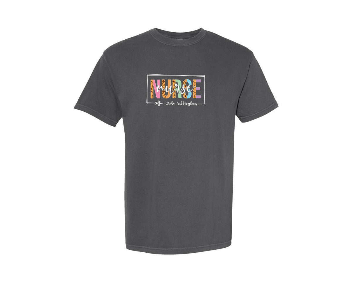 brand:Comfort Colors|color:Pepper|Colorful Leopard Print Nurse T Shirt Graphic T-Shirt