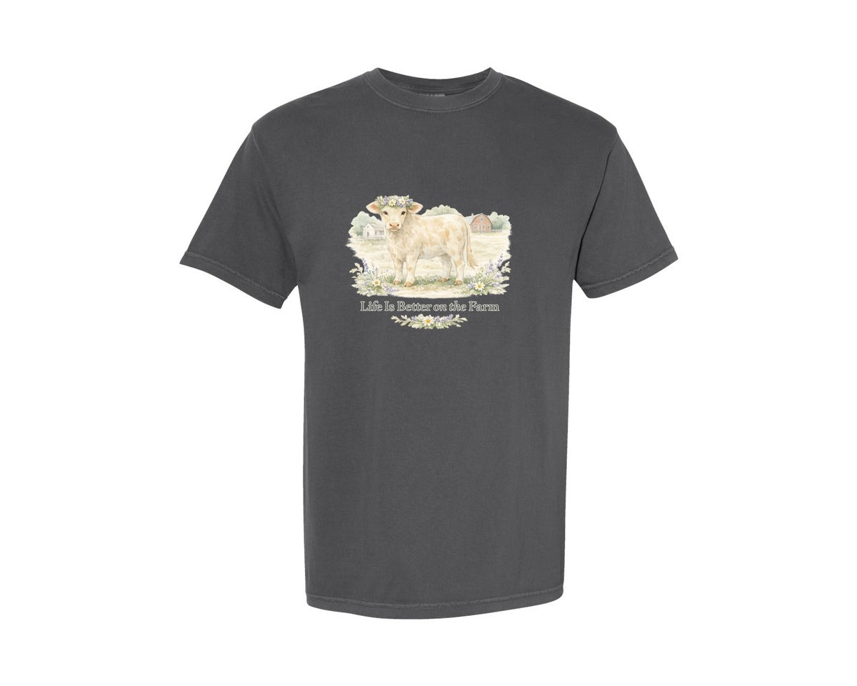 brand:Comfort Colors|color:Pepper|Life Is Better On The Farm Cow Graphic T-Shirt