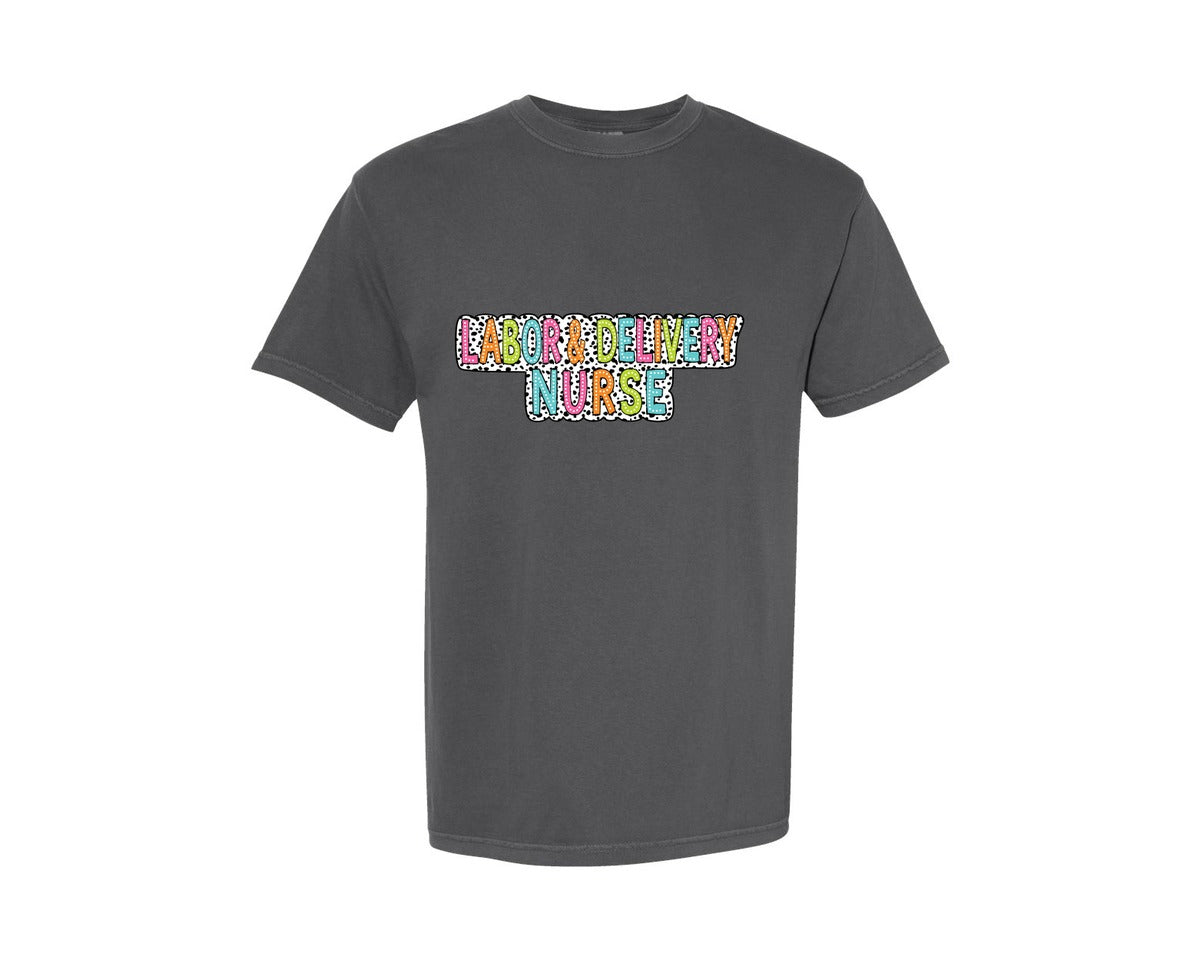 brand:Comfort Colors|color:Pepper|Labor Delivery Nurse Dalmatian Dot Graphic T-Shirt