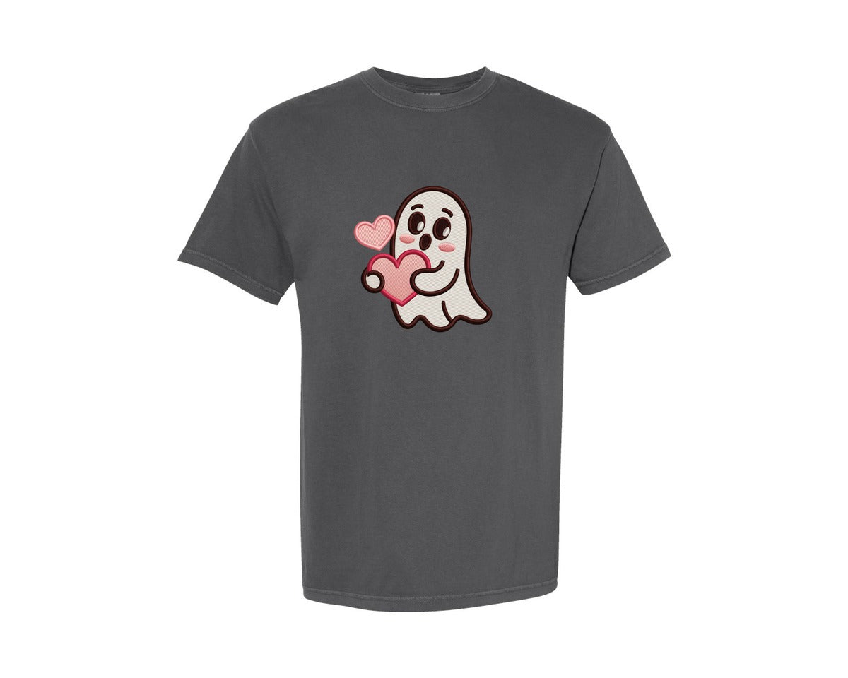 brand:Comfort Colors|color:Pepper|Cute Ghost With Hearts Embroidery Graphic T-Shirt