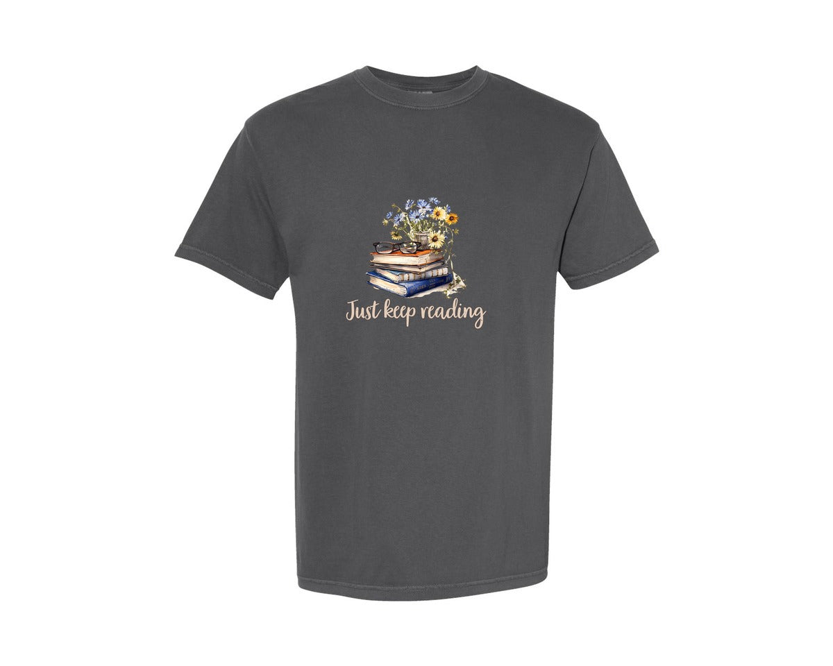 brand:Comfort Colors|color:Pepper|Just Keep Reading Retro Wild Flowers Graphic T-Shirt