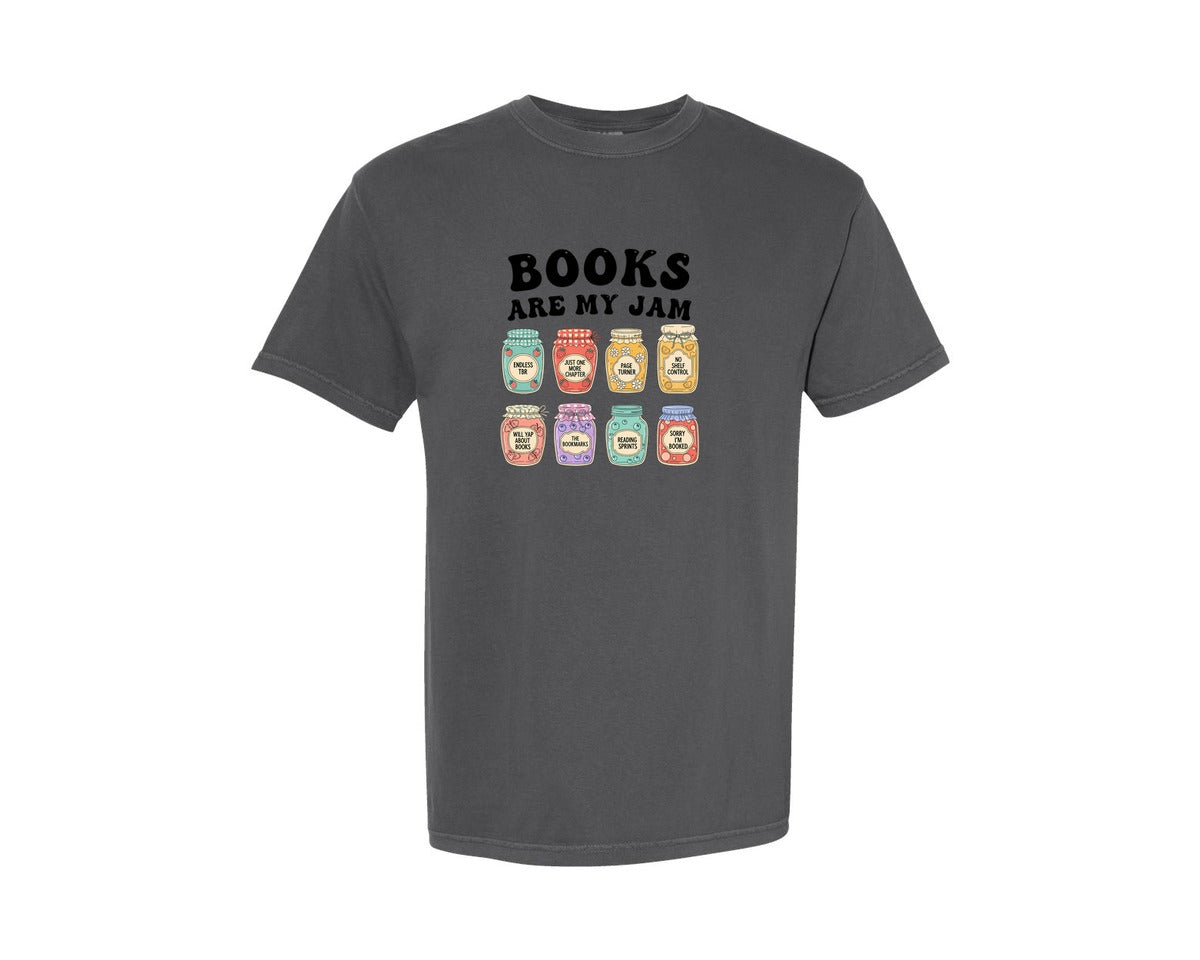 brand:Comfort Colors|color:Pepper|Books Are My Jam Book Lover Jam Jar Graphic T-Shirt
