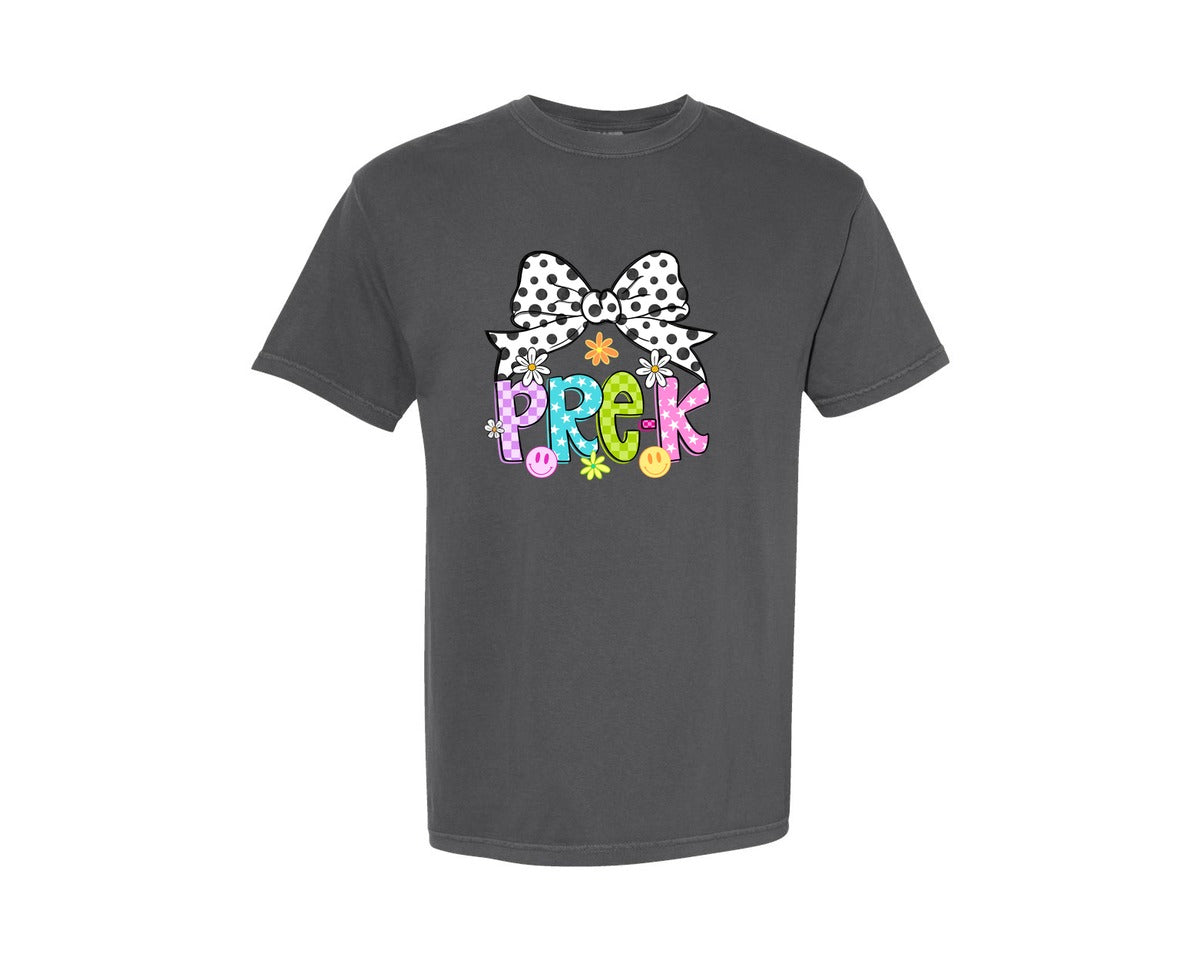 brand:Comfort Colors|color:Pepper|Pre K Teacher Coquette Neon Checkered Graphic T-Shirt