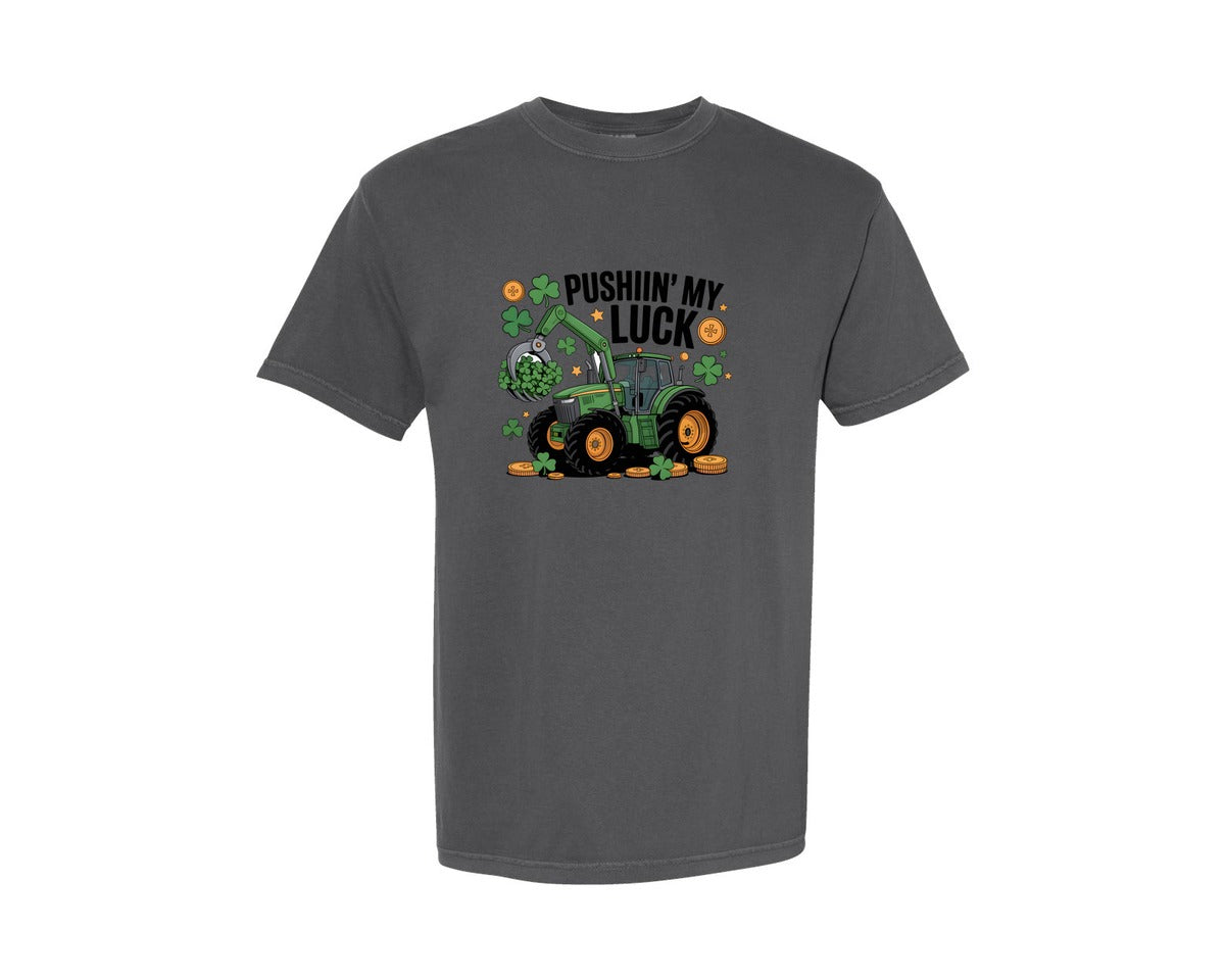 brand:Comfort Colors|color:Pepper|Pushin My Luck St Patrick Tractor Graphic T-Shirt