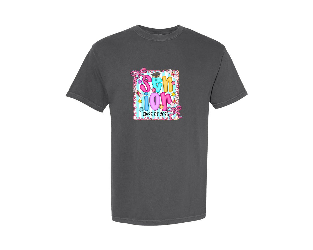 brand:Comfort Colors|color:Pepper|Preppy Senior 2026 Senior Coquette Graphic T-Shirt