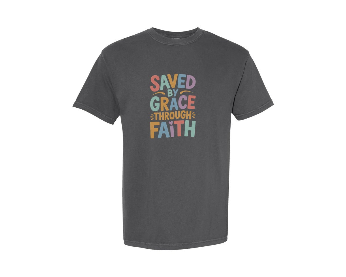 brand:Comfort Colors|color:Pepper|Saved By Grace Faith Cut File Graphic T-Shirt