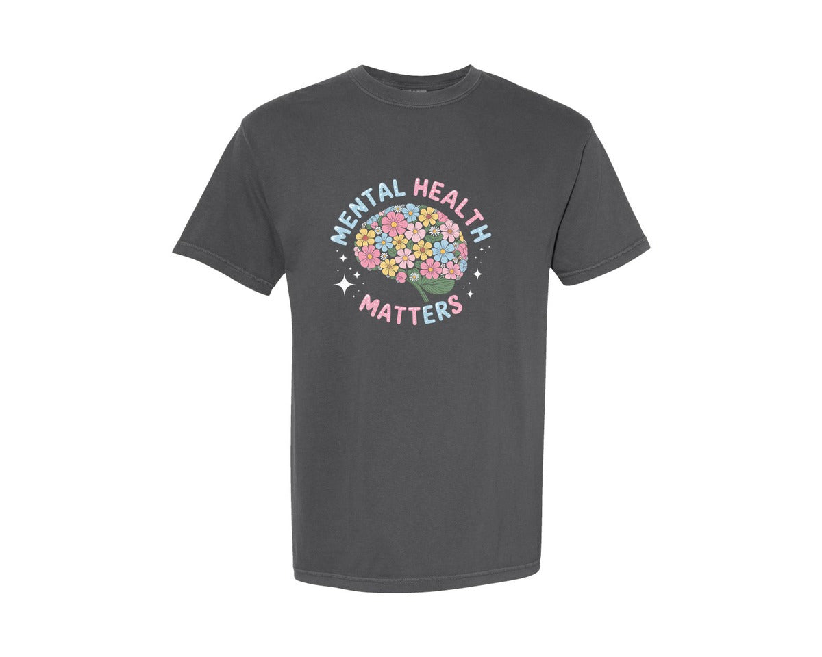 brand:Comfort Colors|color:Pepper|Mental Health Matters Floral Brain Graphic T-Shirt