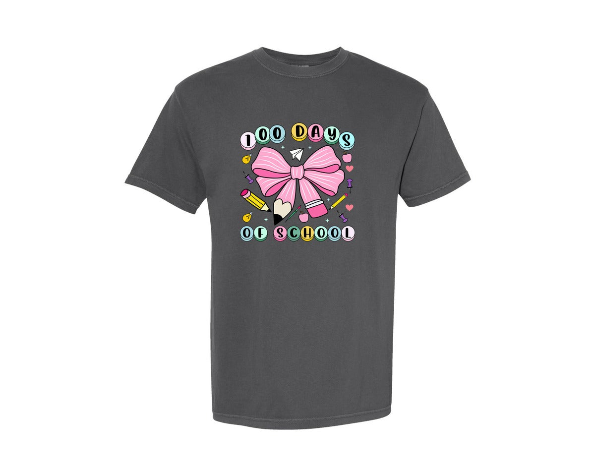 brand:Comfort Colors|color:Pepper|100 Days Of School Coquette Teacher Graphic T-Shirt