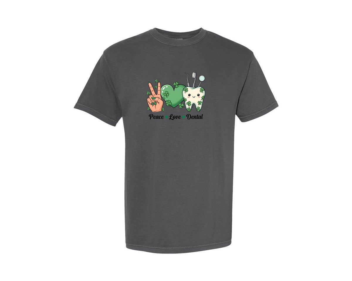 brand:Comfort Colors|color:Pepper|Peace Love Dental St Patrick Design Graphic T-Shirt