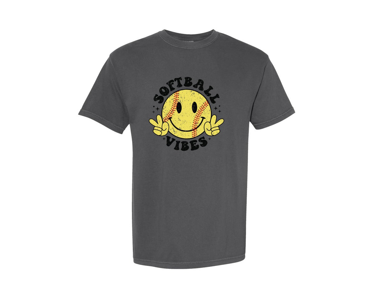 brand:Comfort Colors|color:Pepper|Softball Vibes Retro Happy Smiley Face Graphic T-Shirt