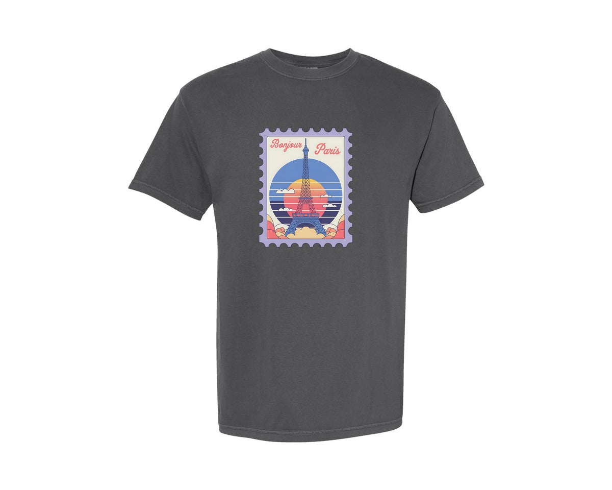 brand:Comfort Colors|color:Pepper|Paris Trip Retro Travel Stamp Summer Graphic T-Shirt
