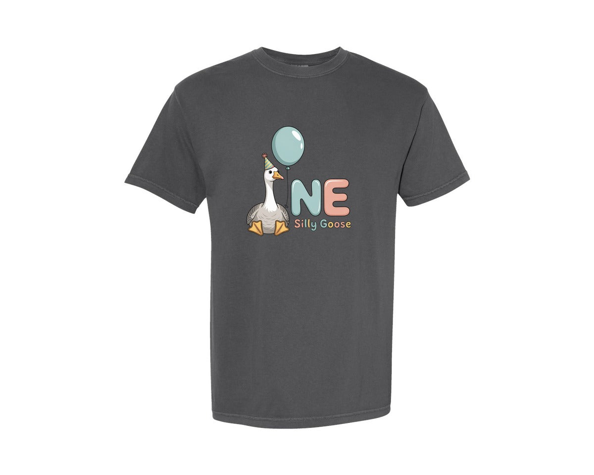 brand:Comfort Colors|color:Pepper|One Silly Goose Birthday Boy And Girl Graphic T-Shirt