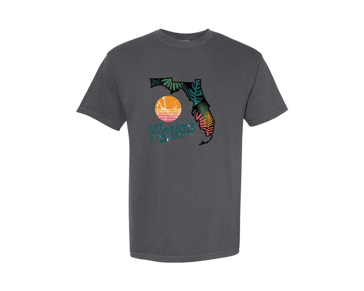 brand:Comfort Colors|color:Pepper|Retro Tropical Florida Map Graphic T-Shirt