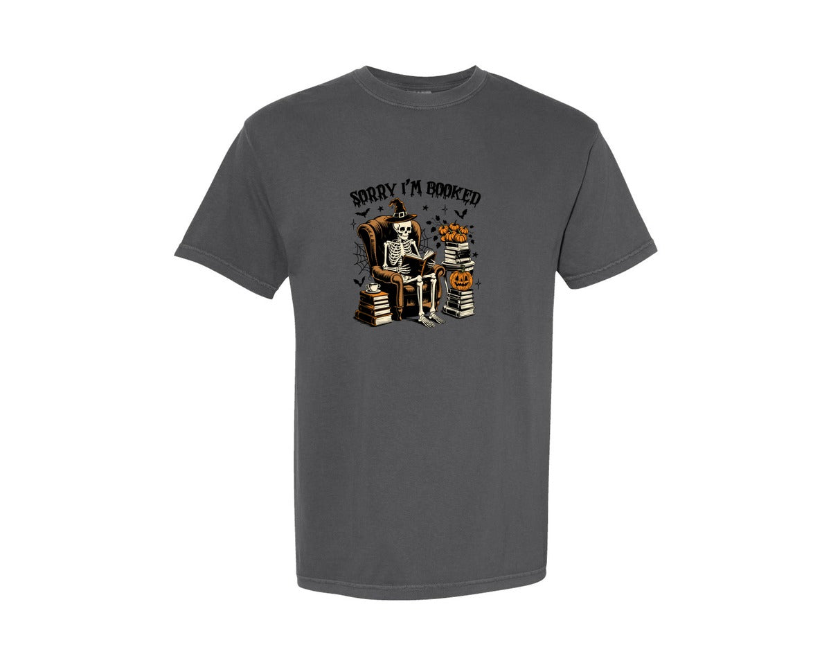 brand:Comfort Colors|color:Pepper|Funny Halloween Skeleton Books Graphic T-Shirt