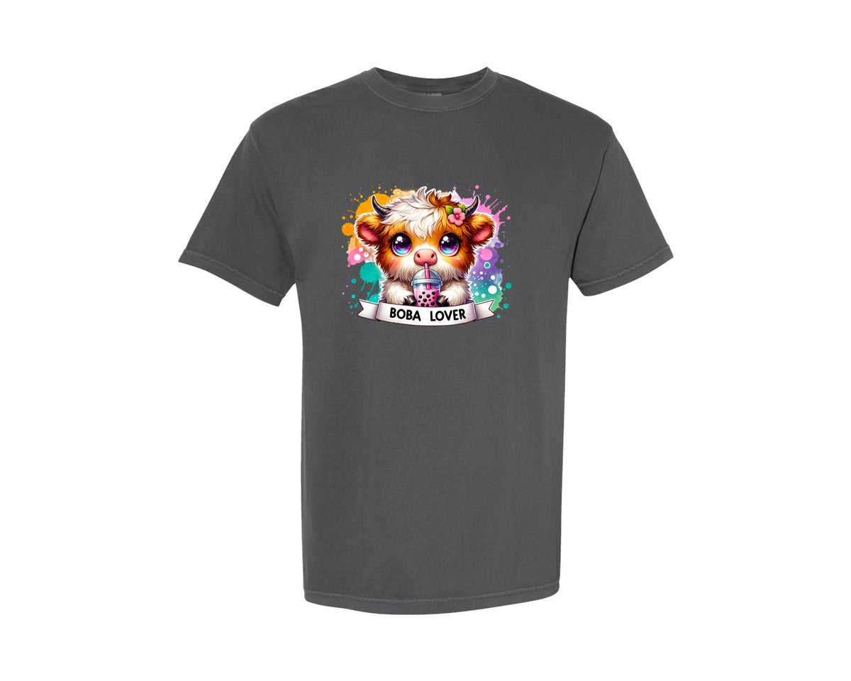 brand:Comfort Colors|color:Pepper|Highland Cow Bubble Tea Boba Lover Graphic T-Shirt