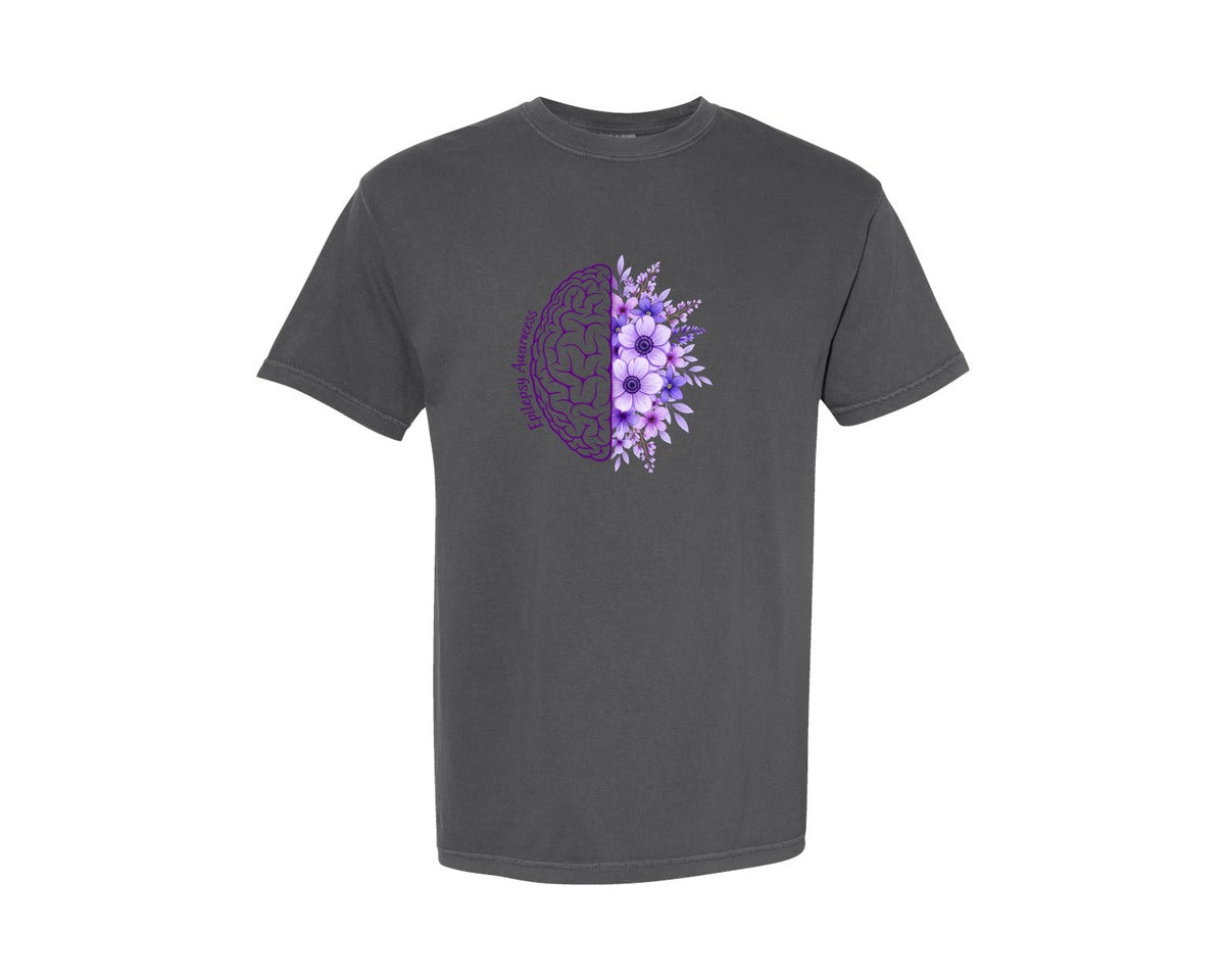 brand:Comfort Colors|color:Pepper|Epilepsy Awareness Brain And Flowers Graphic T-Shirt