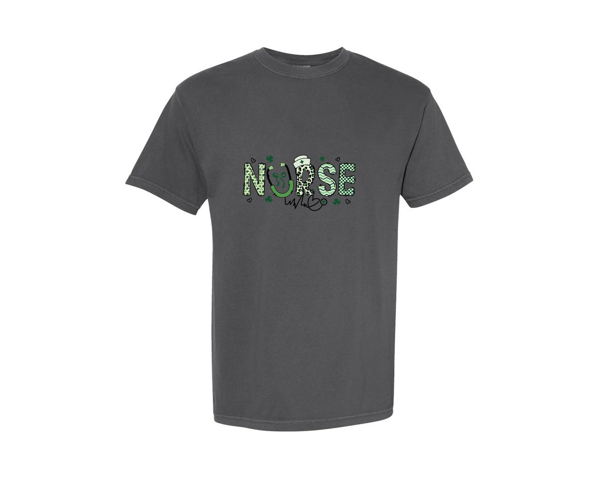 brand:Comfort Colors|color:Pepper|Nurse Coquette Bow Doodle St Patrick Day Graphic T-Shirt
