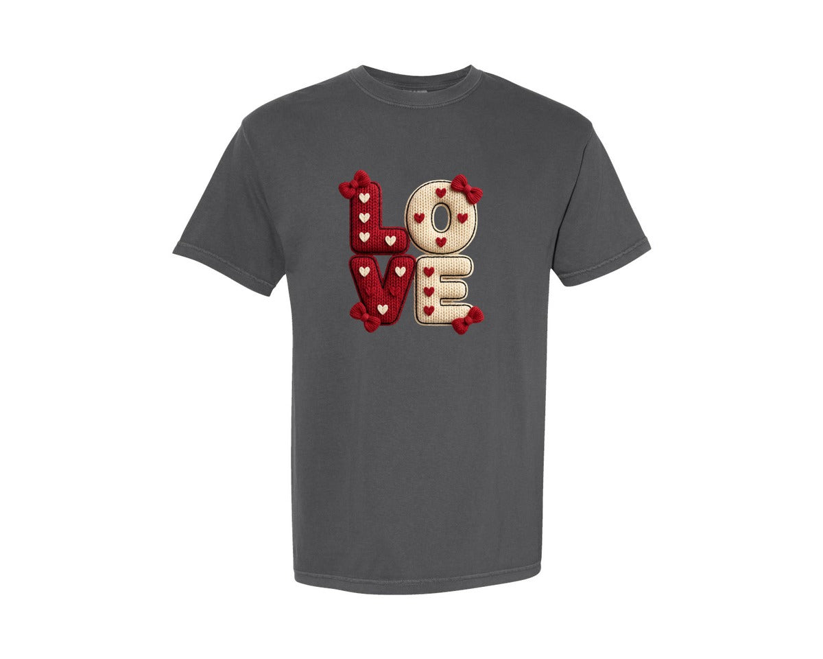 brand:Comfort Colors|color:Pepper|Faux Knitted Yarn Texture Valentine 6 Graphic T-Shirt