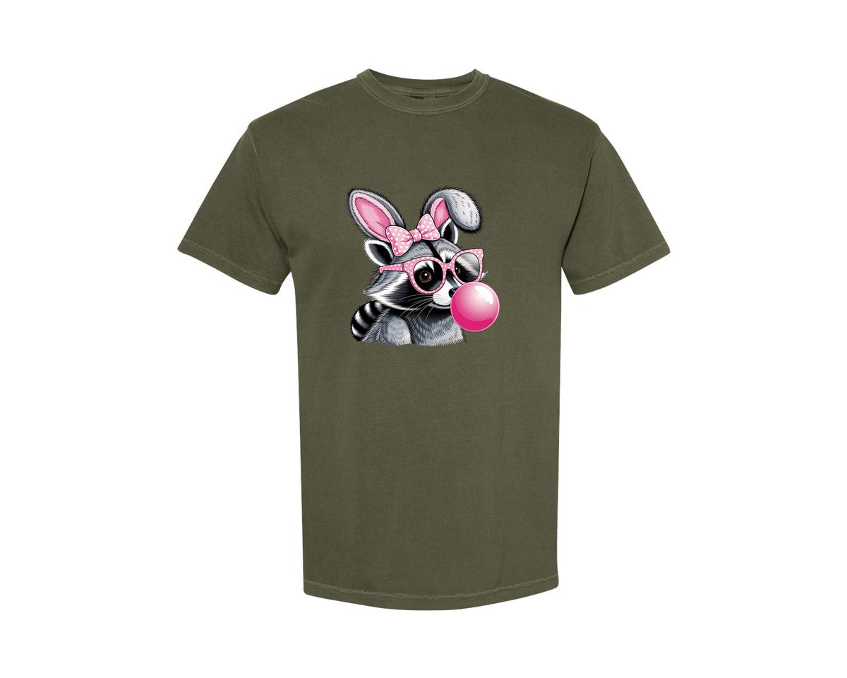 brand:Comfort Colors|color:Sage Green|Cute Raccoon With Glasses Bubble Gum 6 Graphic T-Shirt