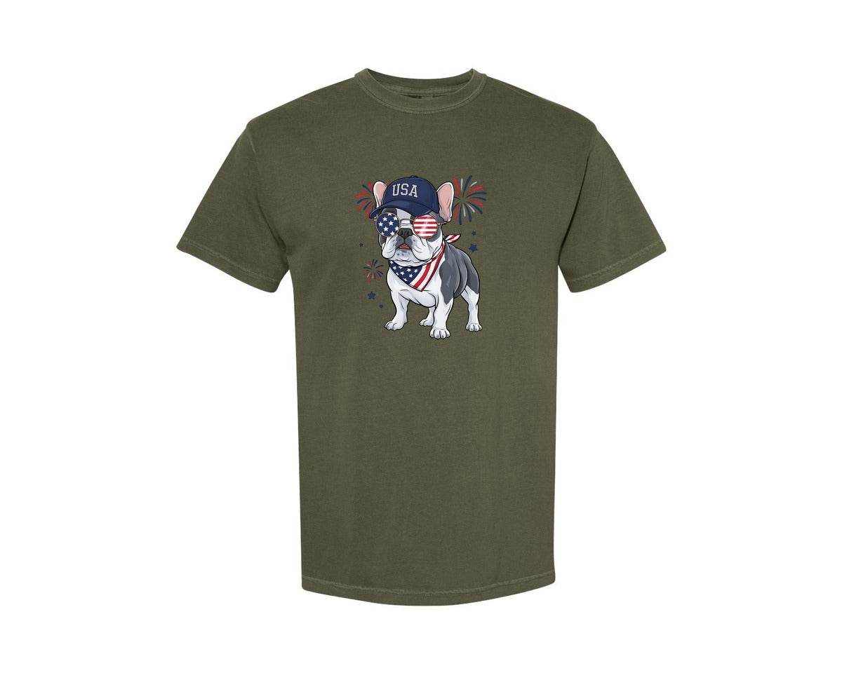 brand:Comfort Colors|color:Sage Green|Patriotic Bulldog 4Th Of July Dog Usa 2 Graphic T-Shirt