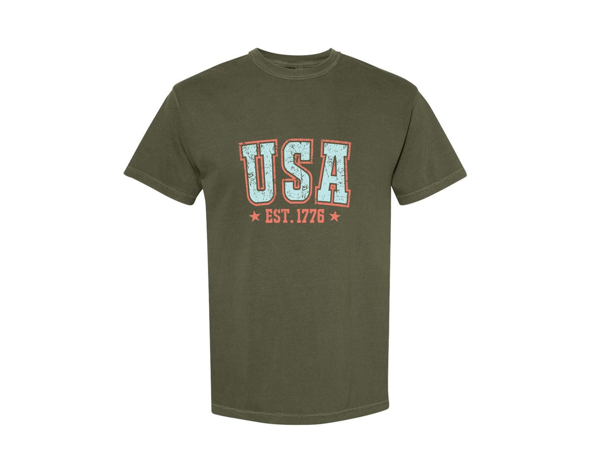 brand:Comfort Colors|color:Sage Green|Retro Usa America Est 1776 Grunge 2 Graphic T-Shirt
