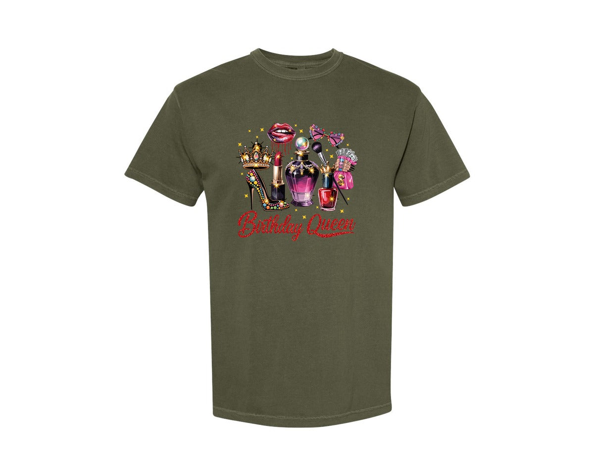 brand:Comfort Colors|color:Sage Green|Birthday Queen Glam Makeup Heels Perfume Graphic T-Shirt