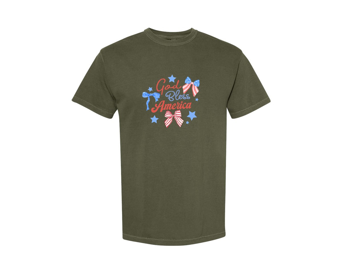 brand:Comfort Colors|color:Sage Green|God Bless America Coquette 4Th July Graphic T-Shirt