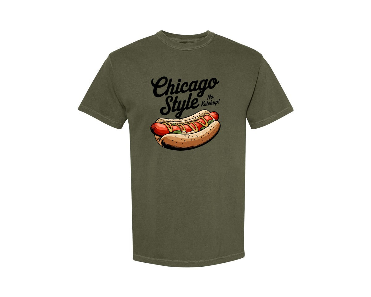 brand:Comfort Colors|color:Sage Green|Chicago Style Hotdog No Ketchup Graphic T-Shirt