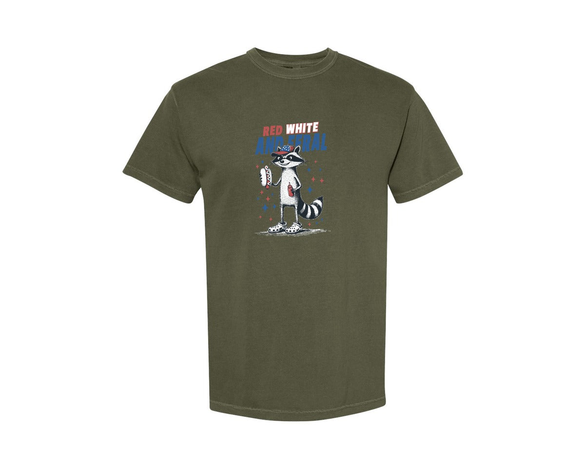 brand:Comfort Colors|color:Sage Green|Red White And Feral Raccoon Shirt Pn Graphic T-Shirt