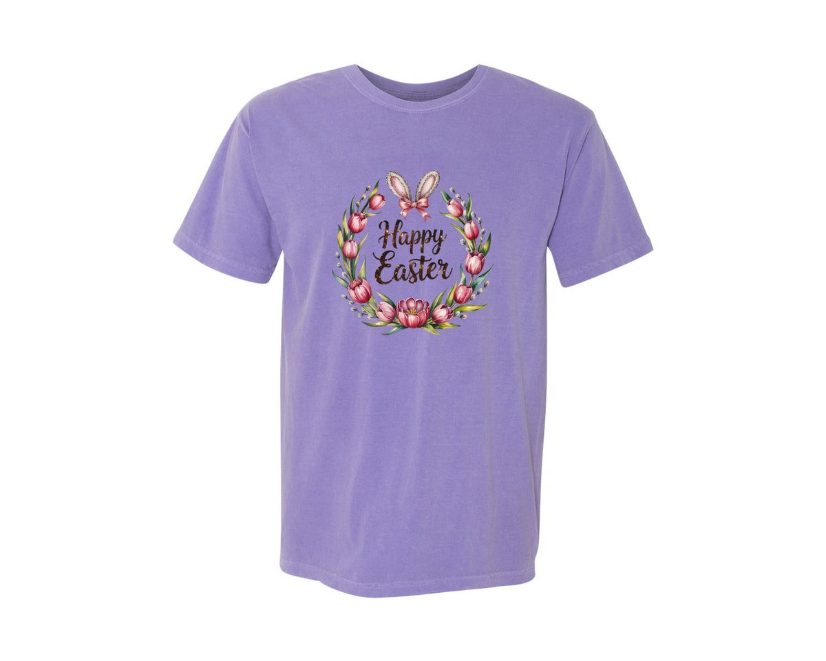 brand:Comfort Colors|color:Violet|Floral Easter Wreath With Bunny Ears Graphic T-Shirt