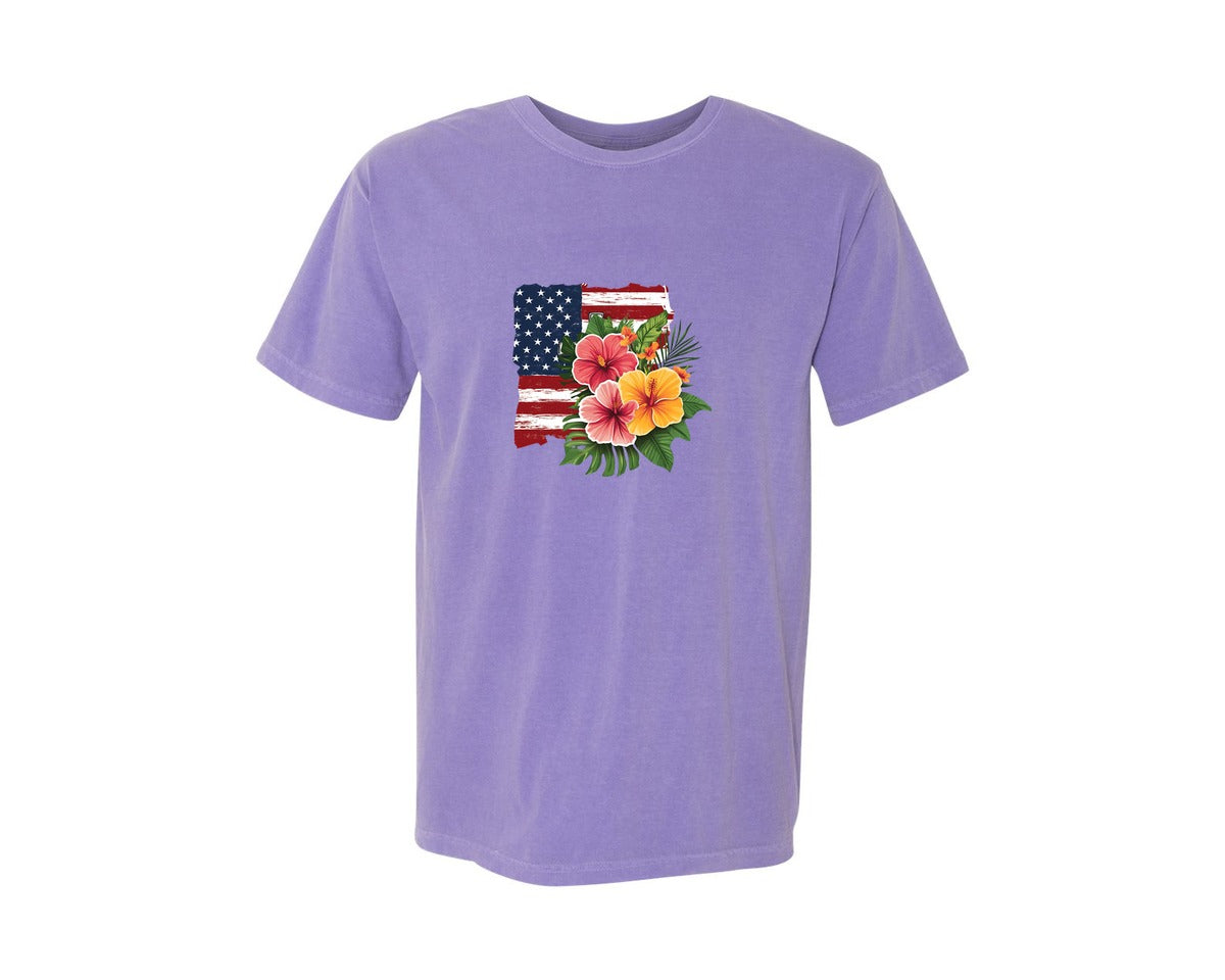 brand:Comfort Colors|color:Violet|Floral American Flag 4Th Of July Graphic T-Shirt